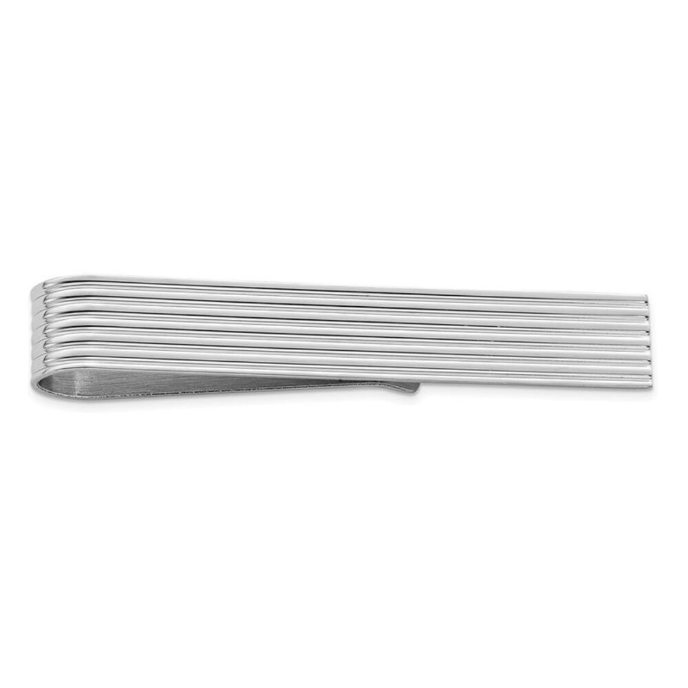 Rhodium Plated Sterling Silver Grooved Striped Tie Bar, 7 x 51mm